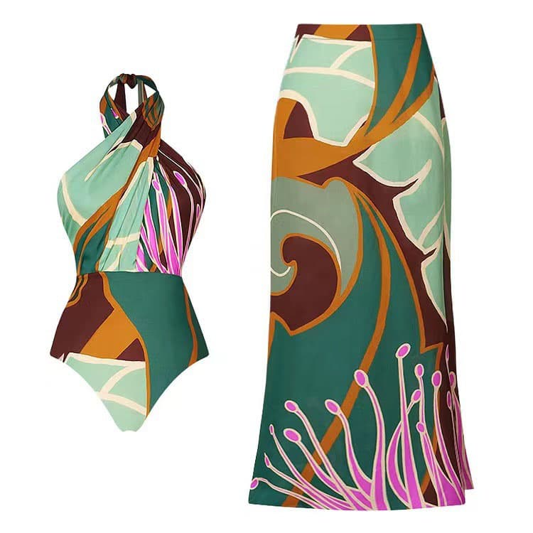 New Beach Swimwear Neck Strap Backless Bikini Print One Piece Swimsuit for Women
