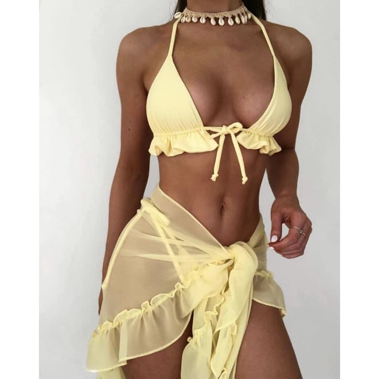 New Arrival Sexy Mesh Cover up Bikini Set Solid Color Fitness Swimwear Women Bathing Suit