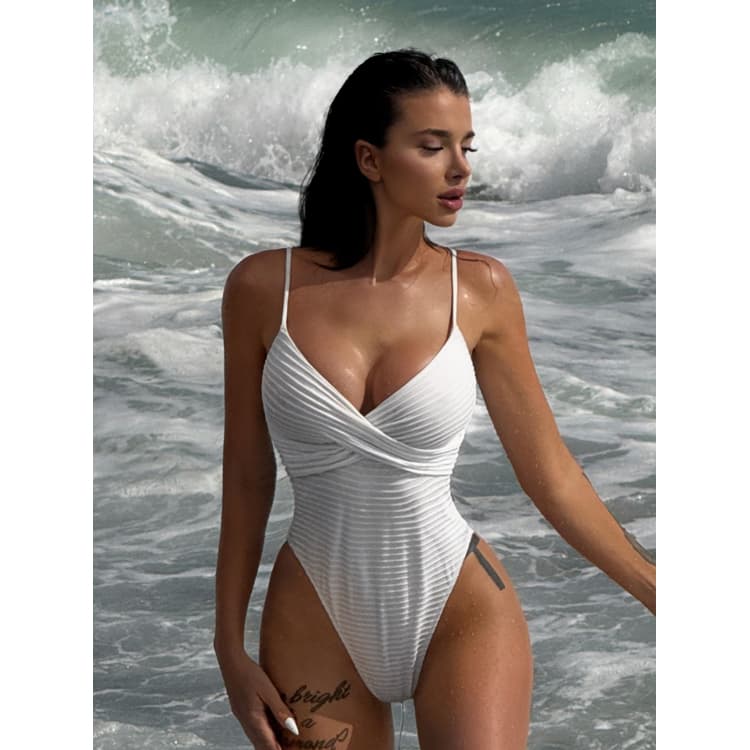 Wholesale White Sexy One Piece Swimsuit Pit Stripe Fabric Bikini Sexy High Cut Fitness Swimwear