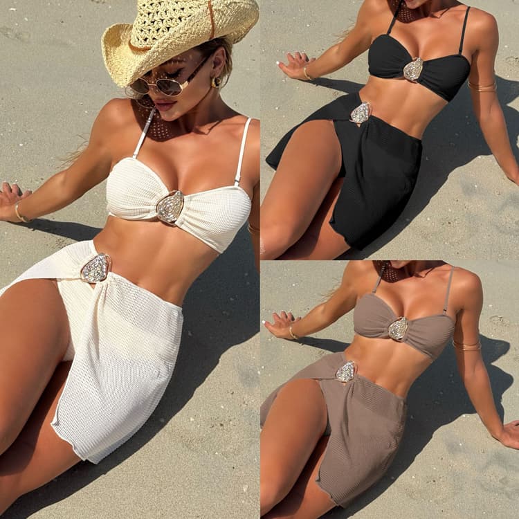 Wholesale Solid Color Beach Bikini Vacation Three Piece Short Skirt Swimsuit Sexy High Waist Swimsuit Bikini