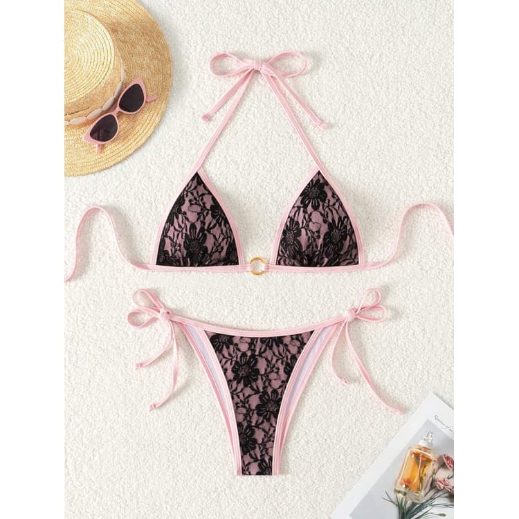 2025 New Sexy Lace Bikini Suit Swimsuit Pink Girls Swimwear