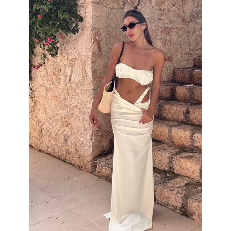 Wholesale Summer New Solid Color Bikini Set Sexy Bubble Ruffle Textured Swimsuit Skirt Women Long Bikini Skirt