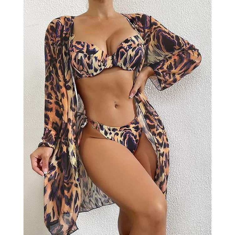 2023 New Leopard Pattern Mesh Bikini Three Piece Women Beach Swimwear