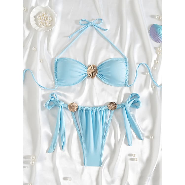 2025 New Metal Shell Bikini Blue Bandage Swimsuit Sexy Cute Party Bikini
