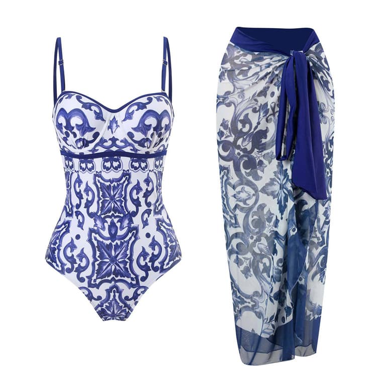 Wholesale Sexy Retro Printed Swimsuit Lace up Chiffon Skirt Swimsuit Set