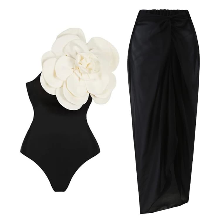 New Simple Elegant Swimsuit 3D White Large Flower Bikini Solid Color Sexy One Piece Swimwear