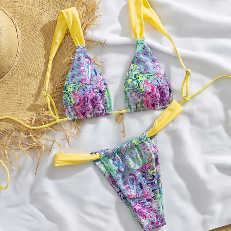 Factory Wholesale Retro Printed Bikini Sexy Triangle Swimsuit for Women