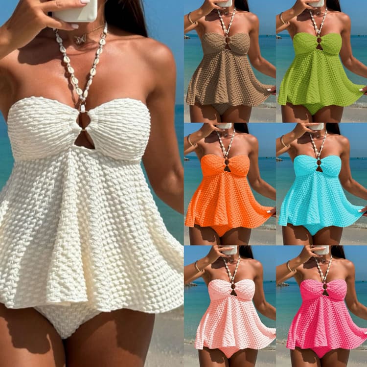 New Pleated Fabric Swimsuit Sexy Solid Color Bikini Halter Neck Beach Vacation Swimsuit