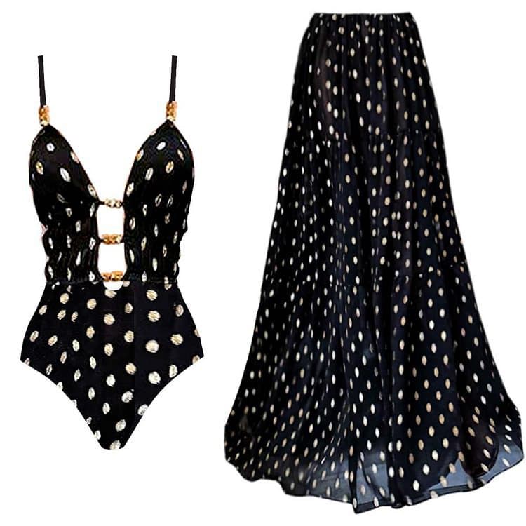 New V Neck Sexy Swimsuit Polka Dot Print Black Long Skirt Bikini Set
