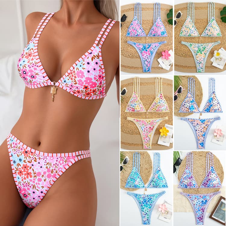 Customized Digital Printed Bikini Fashion Hollow Shoulder Strap Bikini Swimsuit Triangle Cute Girl Swimsuit Beach Wear
