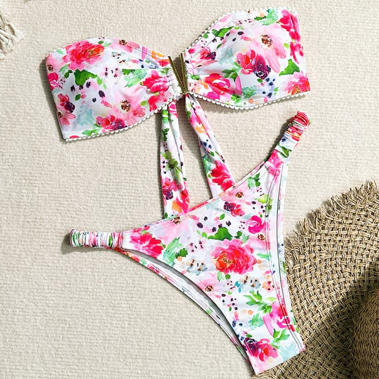 Wholesale Floral Print Bikini Sexy Tube Top Swimwear Strap Hot Spring Swimsuit