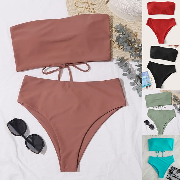 Wholesale Sexy Tube Top Bikini Swimsuit Solid Color Nylon Bikini High Waist Fitness Swimsuit