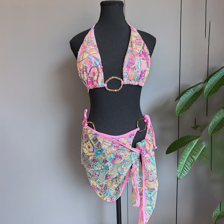 New Sexy Sequined Bikini pink Shiny Embroidered Swimsuit for Women