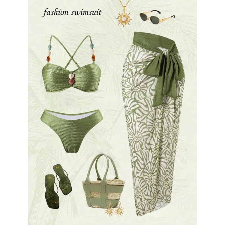 Wholesale Custom Bead String Swimsuit Sexy High Cut Fashionable Bikini with Sarong Bikini Beachwear