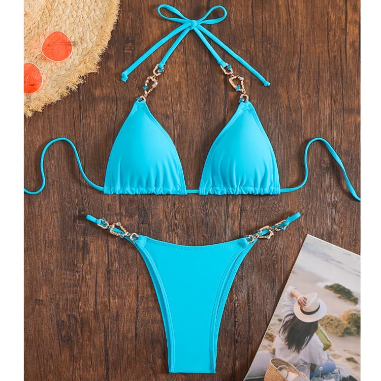 New Blue Diamond Swimsuit Sexy Triangle Bikini Halter Neck Swimwear for Women