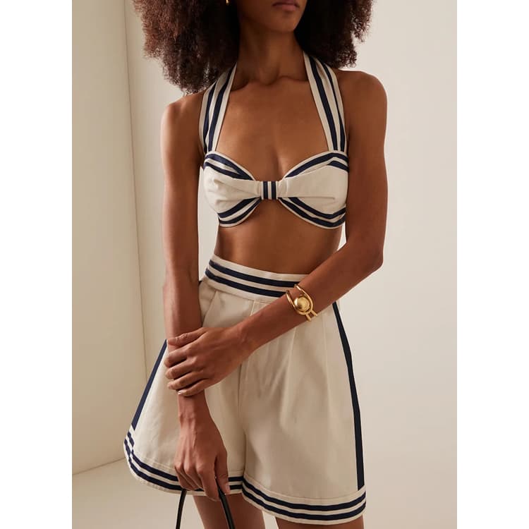 New Elegant High Cut Beachwear Navy Halter Neck Swimsuit Set Sexy High Waisted Bandeau Bikini for Women