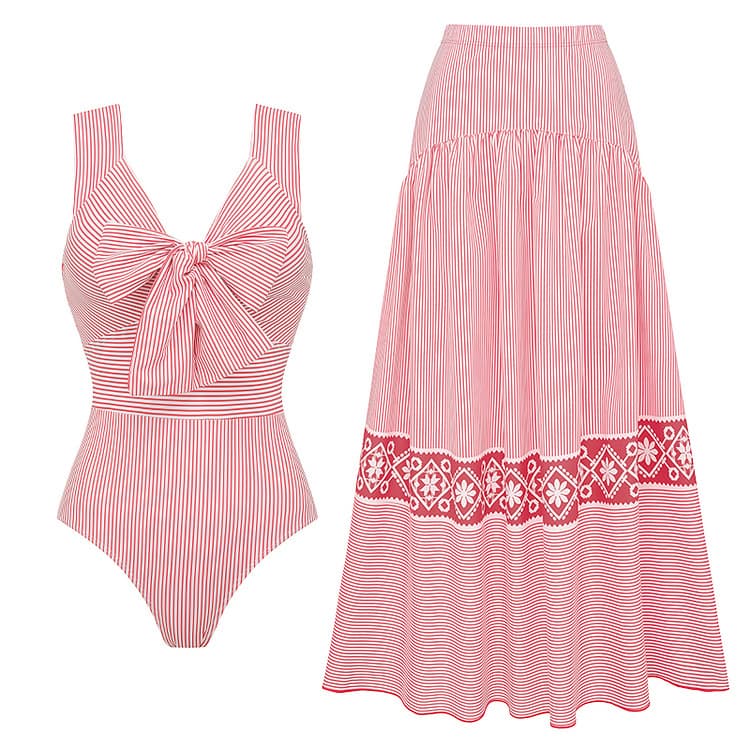 Wholesale Sweet Swimwear Set Pink Bow Striped Bikini Fashionable High Cut Swimsuit for Women