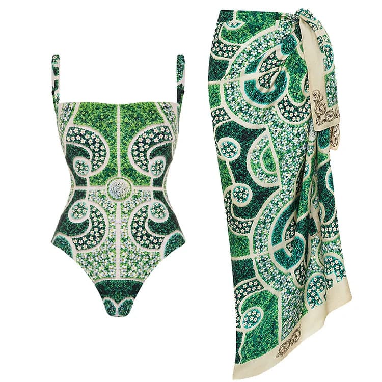 New Green Ethnic Print Bikini Set Irregular Vintage Print Swimsuit Set for Women