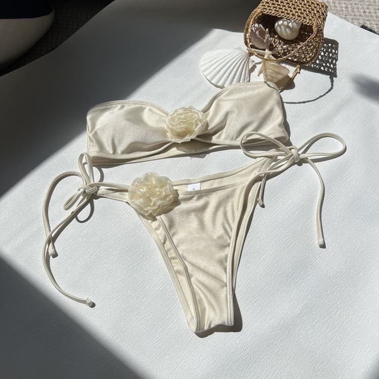 New Solid Color Shiny Bikini Floral Halter Top Swimwear Sexy High Cut Bikini