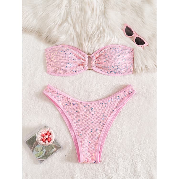 Wholesale Fashion Sequin Bikini Solid Color High Cut Bikini Sexy Tube Top Swimwear for Women