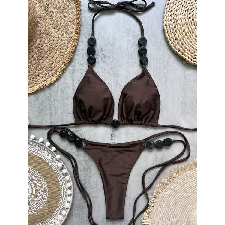 2026 New Solid Color Shiny Nylon Bikini Set Elegant French Style Bikini Sexy Bandage Beach Swimsuit