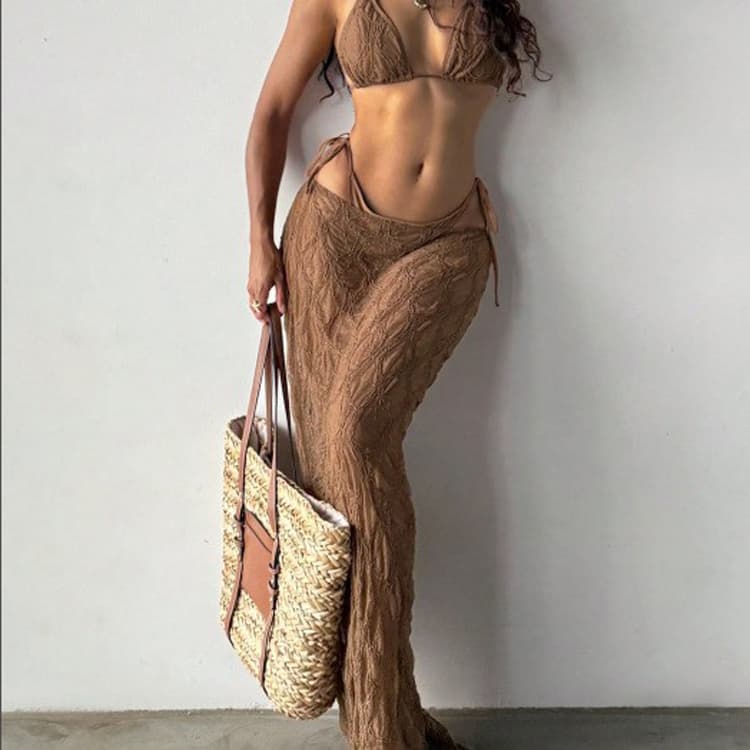 New Arrival Resort Beachwear Bandage Triangle Bikini Sexy Skirted Bikini Brown Swimwear Beachwear