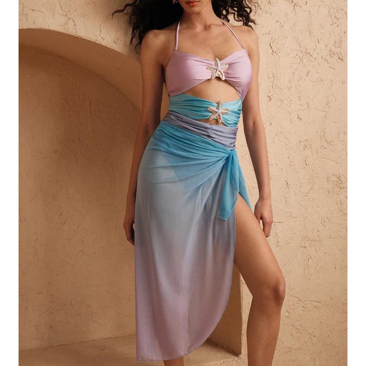 New Starfish Cutout Swimsuit Sexy Pink-to-Blue Gradient Swimwear Sexy Hot Spring Bikini Set