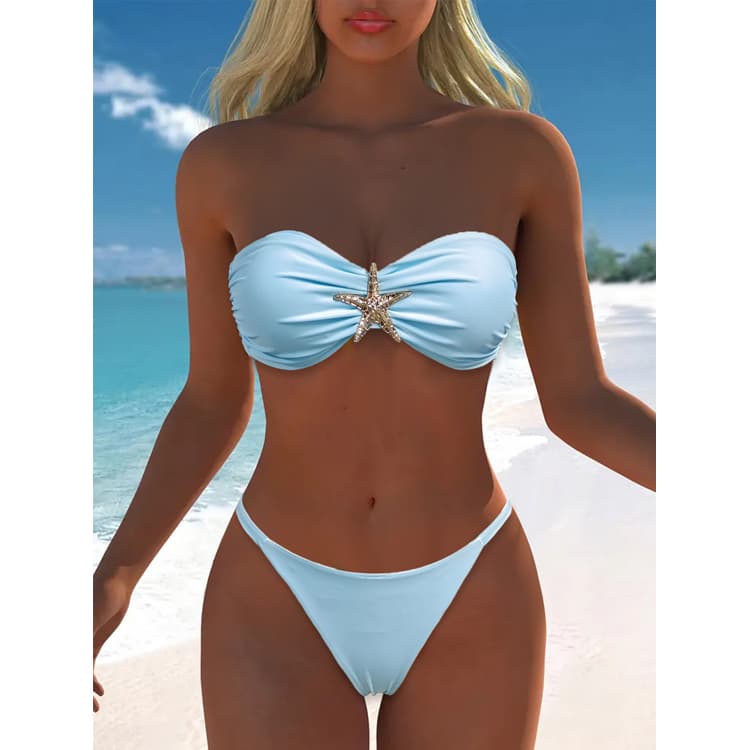 Wholesale Solid Color Tie Side Bikini Starfish Bikini Blue Sexy Tube Top Swimsuit