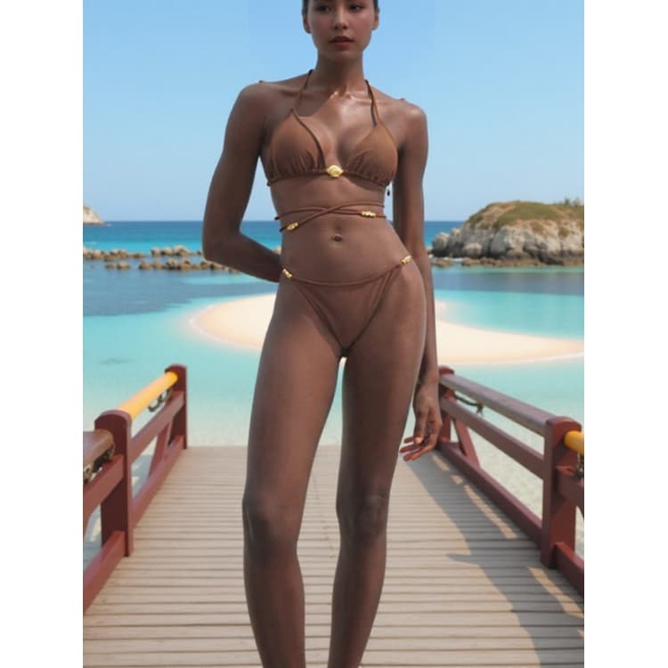 New Metal Sexy Bikini Brown Vacation Beach Swimsuit Sexy Bandage Bikini for Women