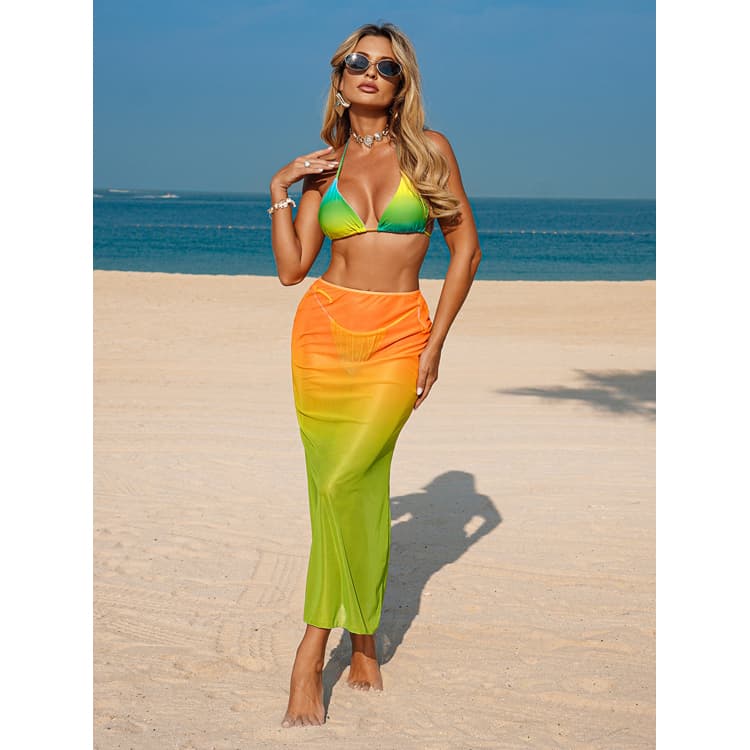 Popular Color Gradient Print Bikini Three Piece Mesh Skirt Swimsuit Set Sexy Strappy Bikini for Women