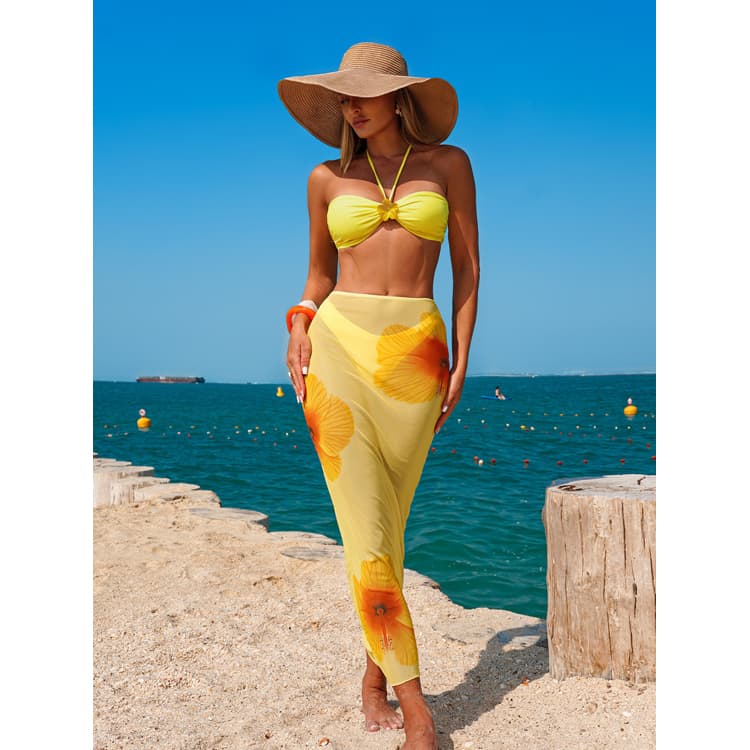 2026 New Sexy Orange Floral Print Bikini Mesh Maxi Dress Bikini Set Sexy Tube Top Swimsuit for Women