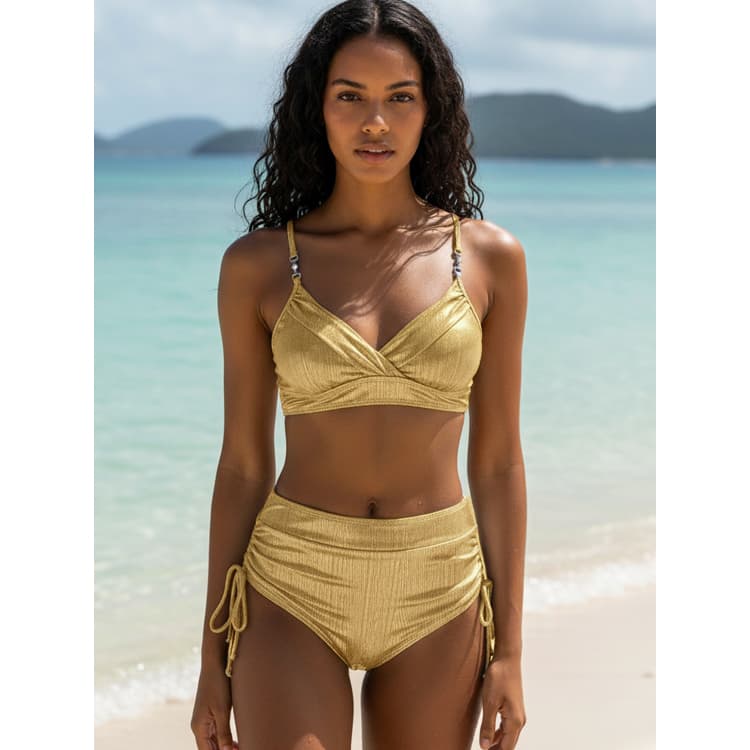 2026 Sexy Solid Color Backless Bikini Push-Up High Waist Swimsuit Gold Fitness Bikini