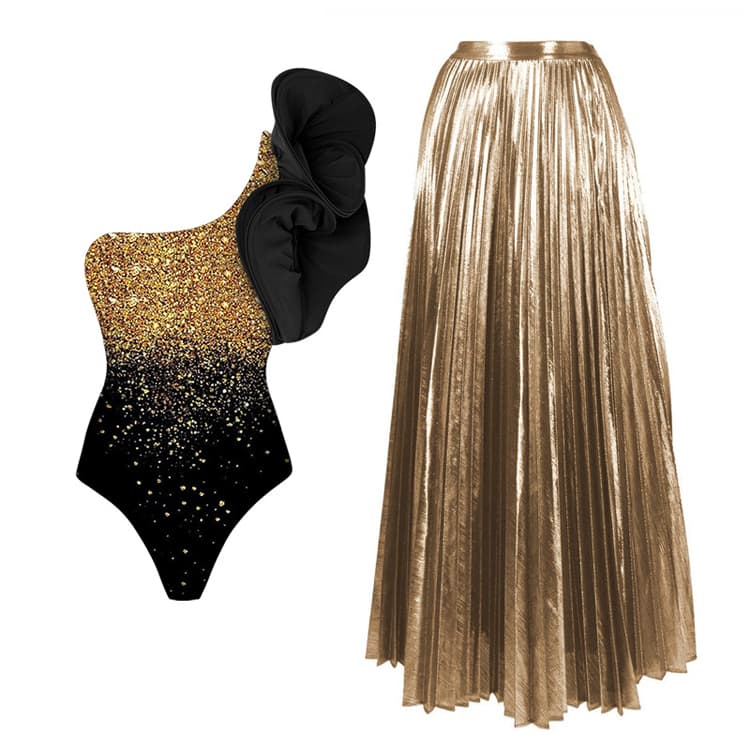 Wholesale One Shoulder Fishbone Ruffled Bikini Set Gold Sequined Print One Piece Swimsuit Set for Women