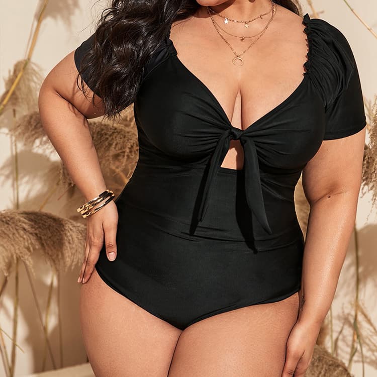 New Black Lace up Plus Size Swimsuit Sexy One Piece Plus Size Swimsuit Fashionable Beach Swimsuit for Women