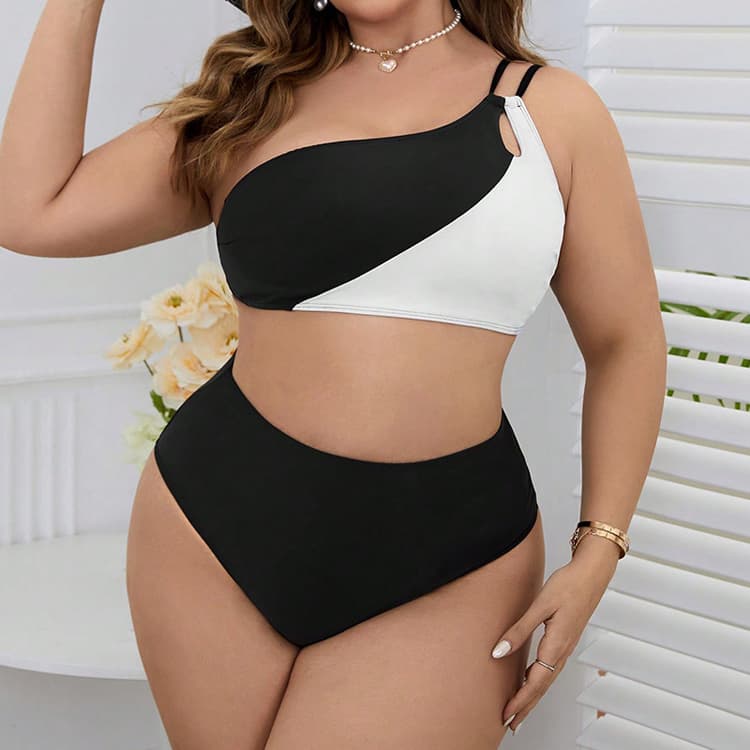 New Black and White Patchwork Design Bikini High Waist Plus Size Swimsuit Sexy One Shoulder Bikini Beach Swimsuit
