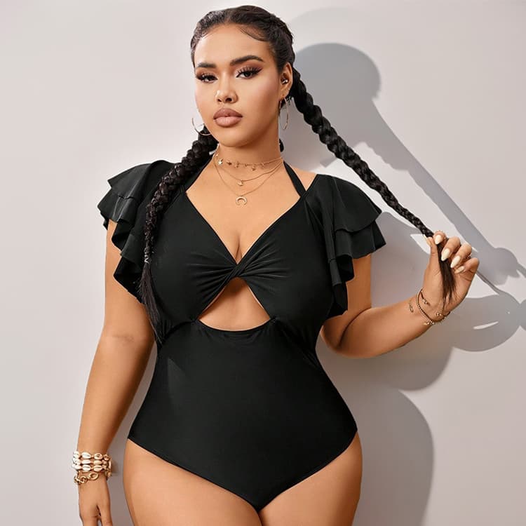 Wholesale Ruffle Plus Size Swimsuit Black Sexy Bikini Hollowed Beach Swimsuit