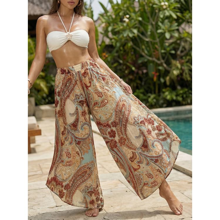 Wholesale New Beach Suit with Pants Hanging Neck Flower Bikini Sexy White Swimsuit for Women
