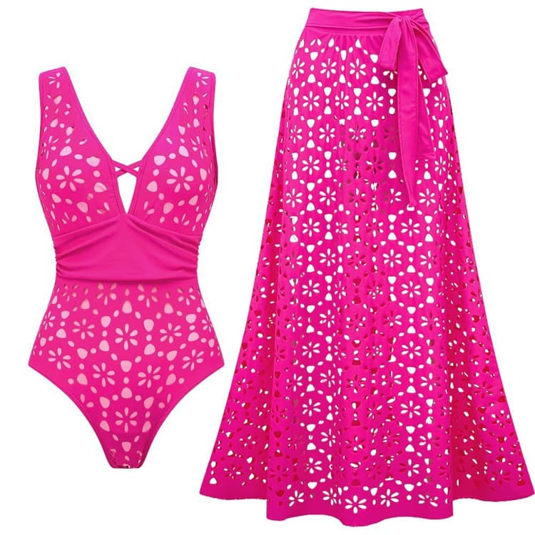 2026 New Solid Color Sexy Swimsuit Set with Skirt Two Piece Swimsuit Set Sexy Hollow High Waist Bikini for Women