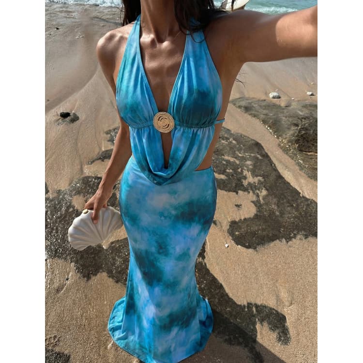 2026 Customized Fashion Swimsuit Sexy Blue Tie Dye Bikini Beach Skirt Hanging Neck Backless Bikini