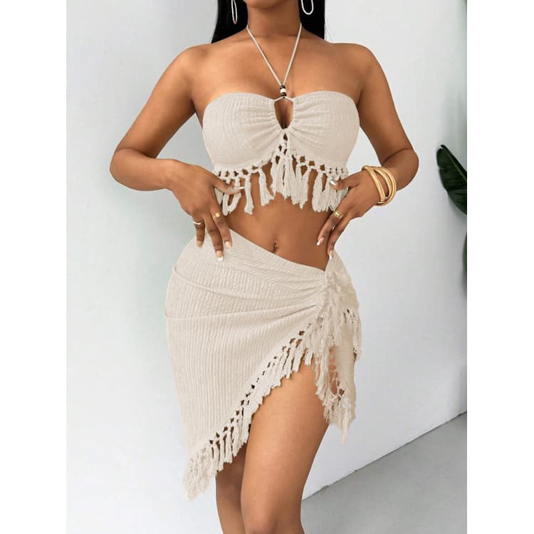 New Neck Hanging Bikini with Skirt Sexy Fringe Swimsuit Sexy Solid Color Swimsuit Beachwear