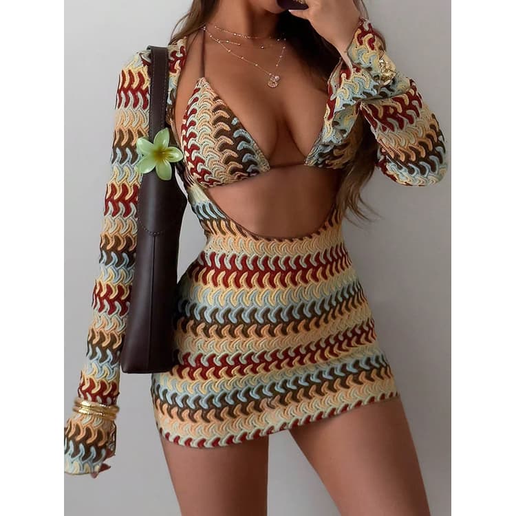 New Striped Dress Bikini Sexy off Shoulder Slim Fit Bikini Top Skirt Long Sleeved Beach Bikini Women