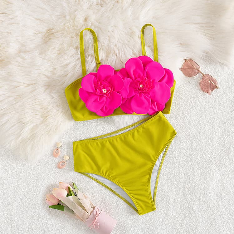 Wholesale Red Floral Green Bikini High Waist Swimsuit Bikini Fashion Beach Bikini