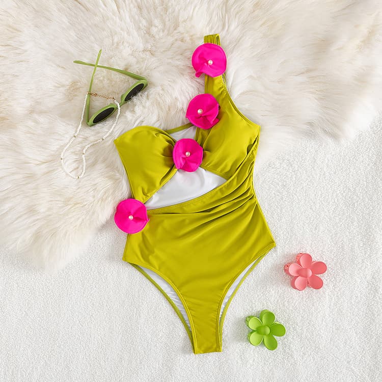 Wholesale Green One Shoulder Bikini Sexy Hollow Out Swimsuit Set Floral Bikini Set
