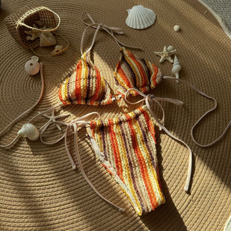 New Colorful Jacquard Fabric Bikini Sexy Drawstring Strap Swimsuit Rainbow Color Girls Swimsuit Bikini
