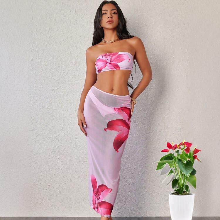 New Three Piece Swimsuit Floral Printed Bikini Set Sexy Bandeau Swimwear for Women