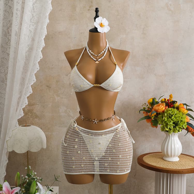 2026 New Retro Mesh Hollow Swimsuit Solid Color Sequin Bikini Sexy Bead String Bikini Women