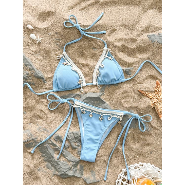 Customized Shell Beach Bikini Sexy Halter Swimsuit Blue Triangle Swimsuit Women