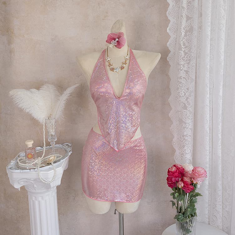 Customized Sexy Bikini pink Shiny Swimsuit Deep V Bikini Swimsuit for Women