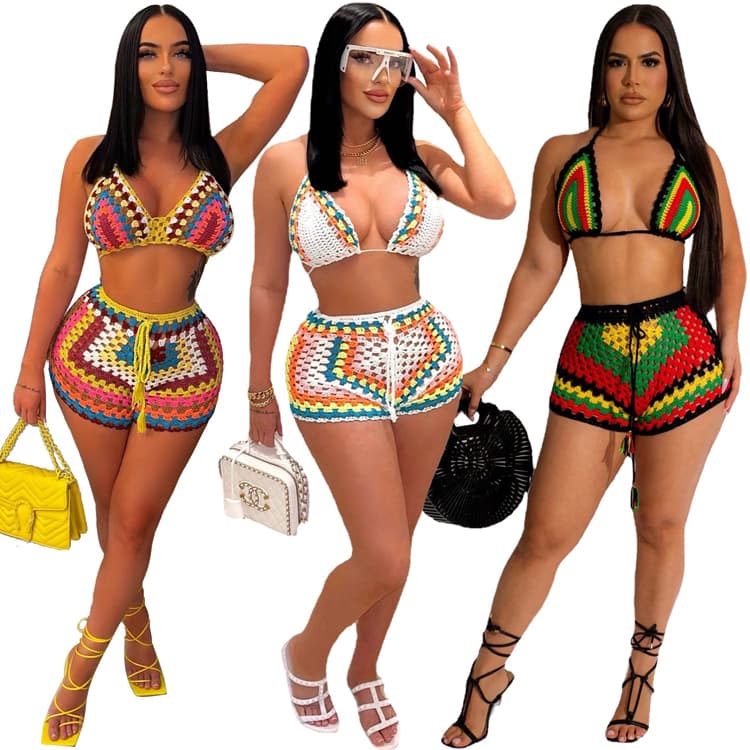 Customized Hand Hook Bikini New Knitted Color Blocked Beach Shorts Bikini Set