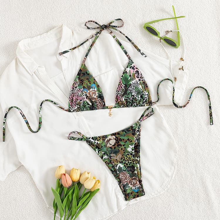 New Green Leopard Print Swimsuit Sexy Triangle Bikini Hanging Neck Strap Bikini Swimsuit Women